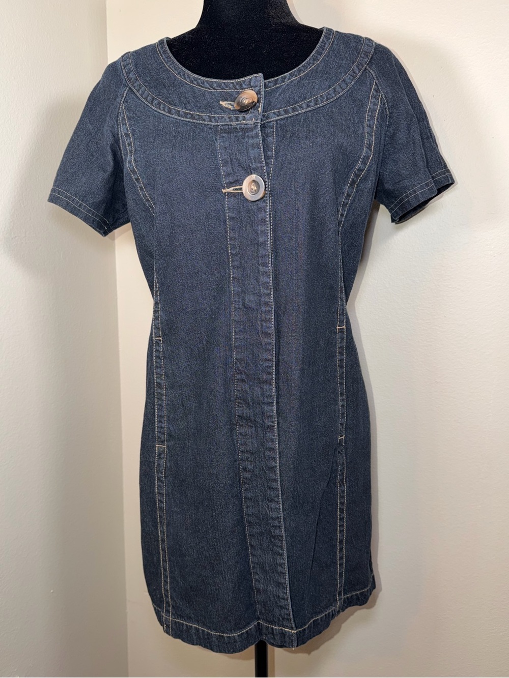Vintage Y2K Live a Little Denim Contrast Stitch Jean Dress Belt Cinched Buttons